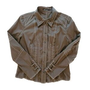 Marc‎ Cain Blouse Women M Brown Cotton Blend Contrasting Stitch Germany Unique